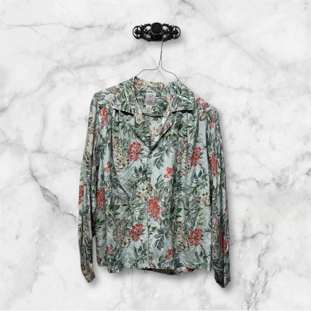 JG Hook Vintage Floral Long Sleeve Blouse light green button front size 8 rayon